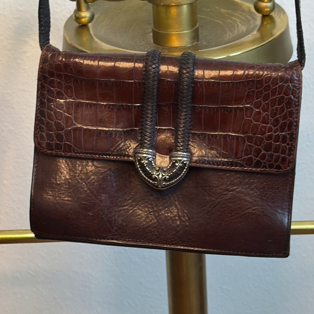 Brighton Vintage Brown Croc Embossed Leather Crossbody Wallet Bag Silver Heart